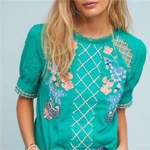 Anthropologie Beautiful Green Embroidered Perennial Top 4